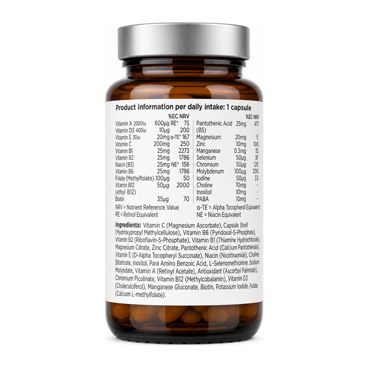 Biocare Adult Multivitamins & Minerals by BioCare Natural Remedies — back view showing ingredients and product details, studio product photo on white background
