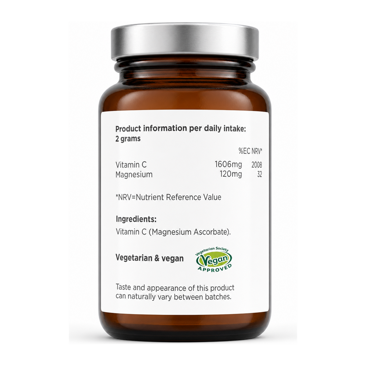 Biocare Vitamin C (Magnesium Ascorbate Powder) by BioCare Natural Remedies — nutrition facts side panel, studio product photo on white background