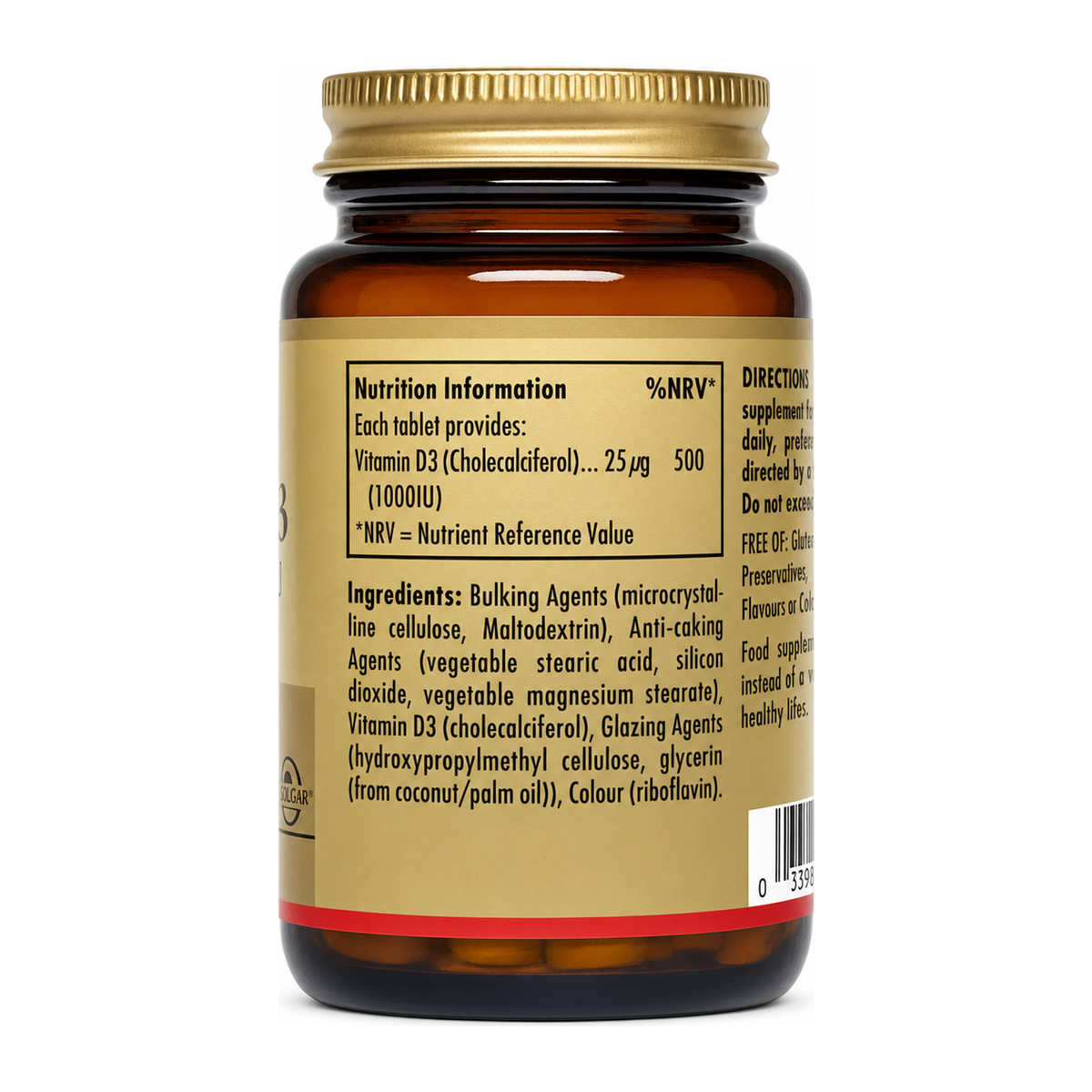 Solgar Vitamin D3 (Cholecalciferol) 1000 IU by Solgar Natural Remedies — nutrition facts side panel, studio product photo on white background