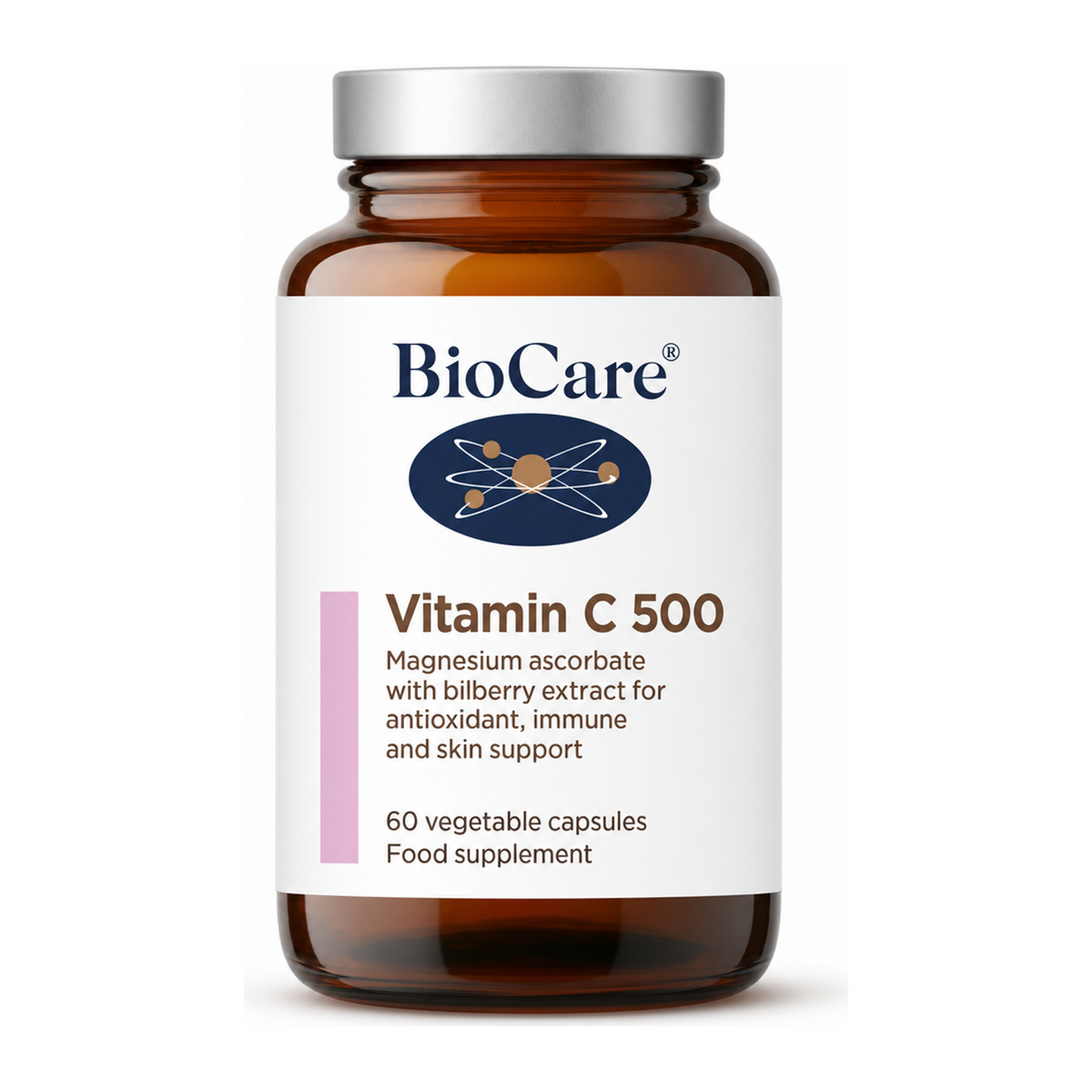 Biocare Vitamin C 500mg 60 Vcaps by BioCare Natural Remedies — front view showing product label and branding, studio product photo on white background