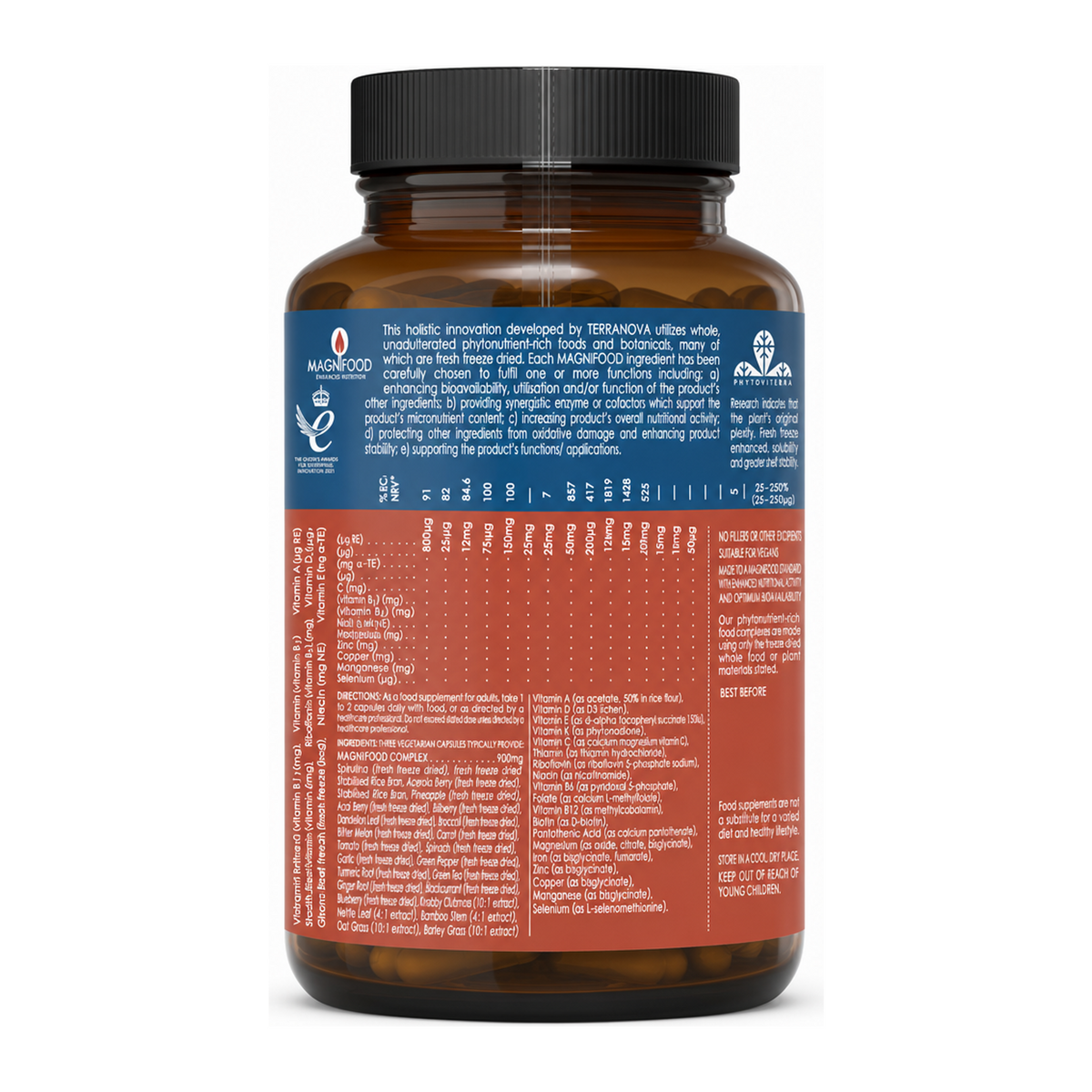 Terranova Living Multinutrient Complex by Terranova Natural Remedies — back view showing ingredients and product details, studio product photo on white background