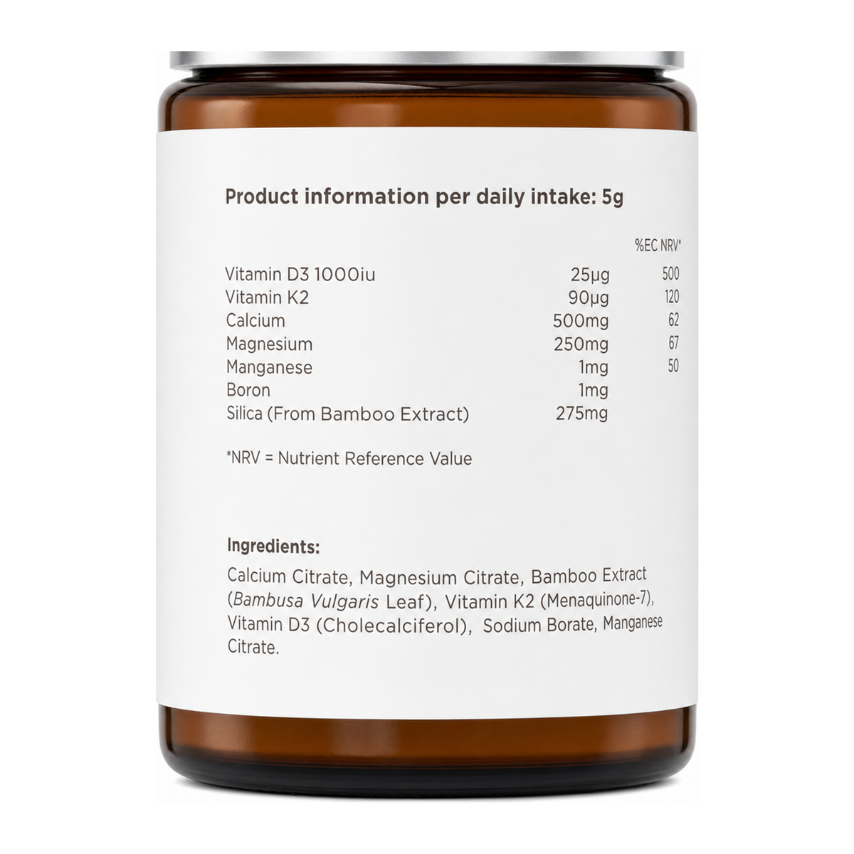 Biocare Osteo Intensive Powder 135g by BioCare Natural Remedies — nutrition facts side panel, studio product photo on white background