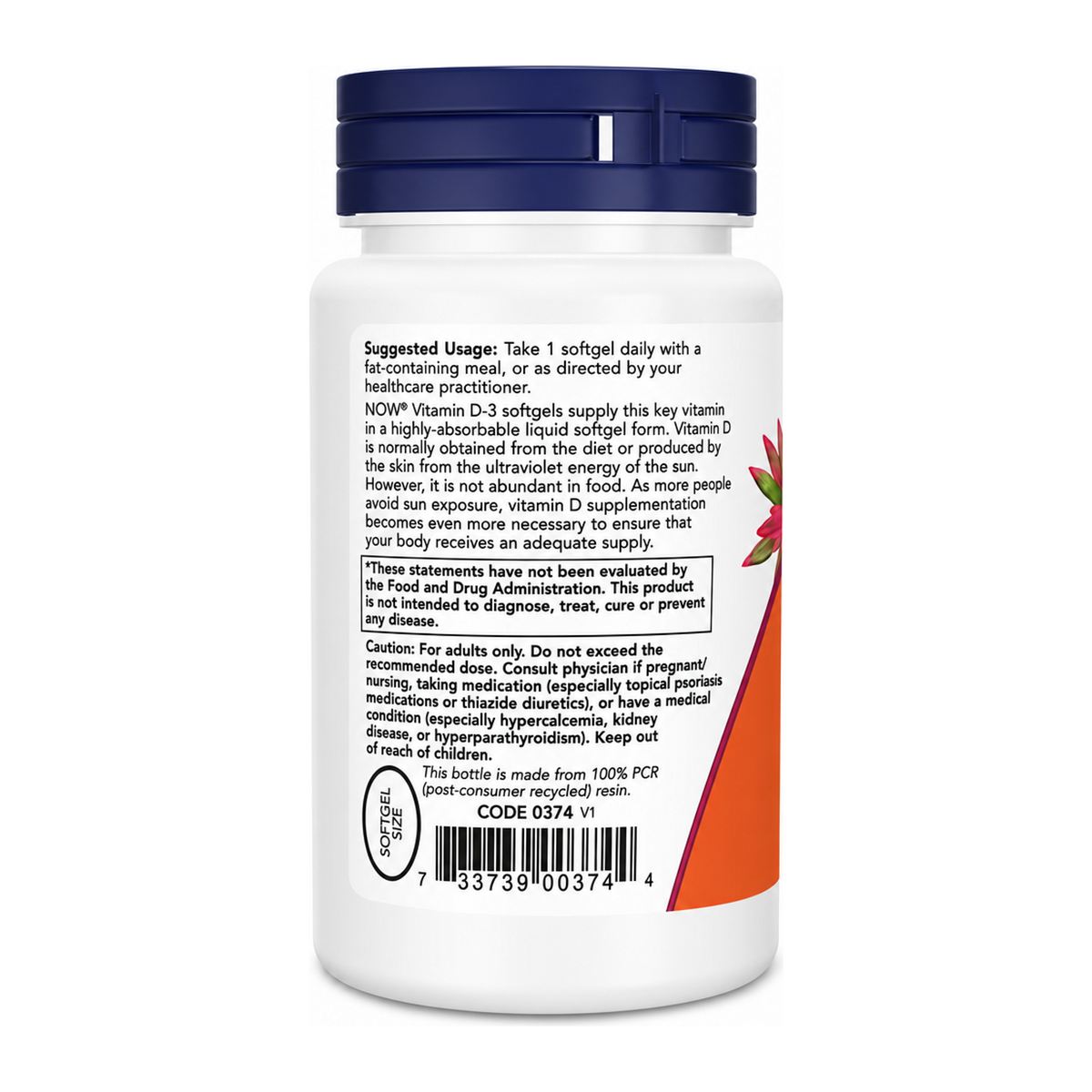 Now Foods Vitamin D3 5000IU by Now Vitamin & Mineral Supplements — back view showing ingredients and product details, studio product photo on white background