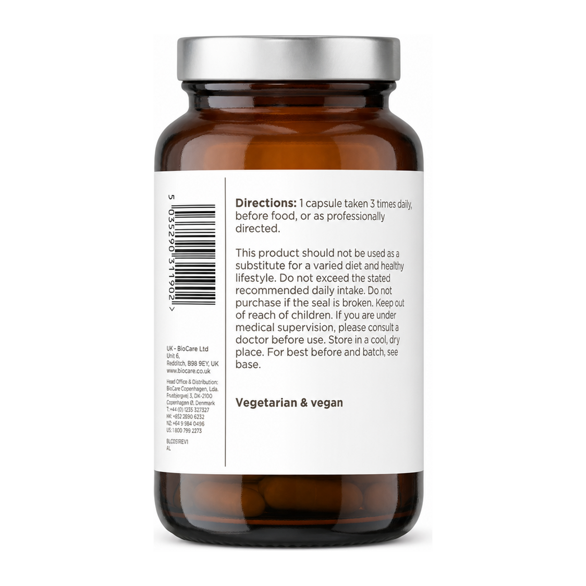 Biocare Slippery Elm Plus 90 capsules by BioCare Natural Remedies — back view showing ingredients and product details, studio product photo on white background