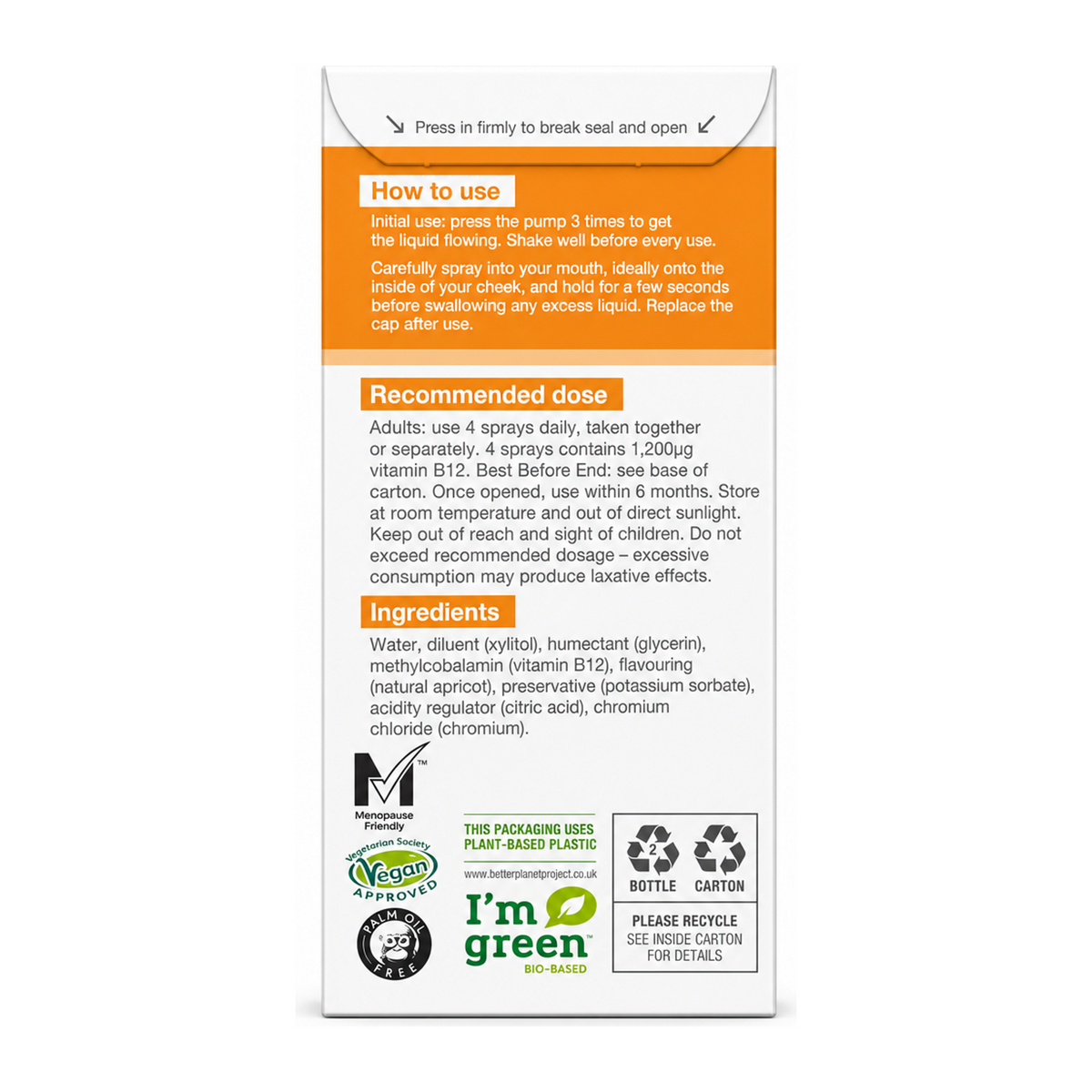 BetterYou Boost B12 Daily Oral Spray by BetterYou Natural Remedies — back view showing ingredients and product details, studio product photo on white background