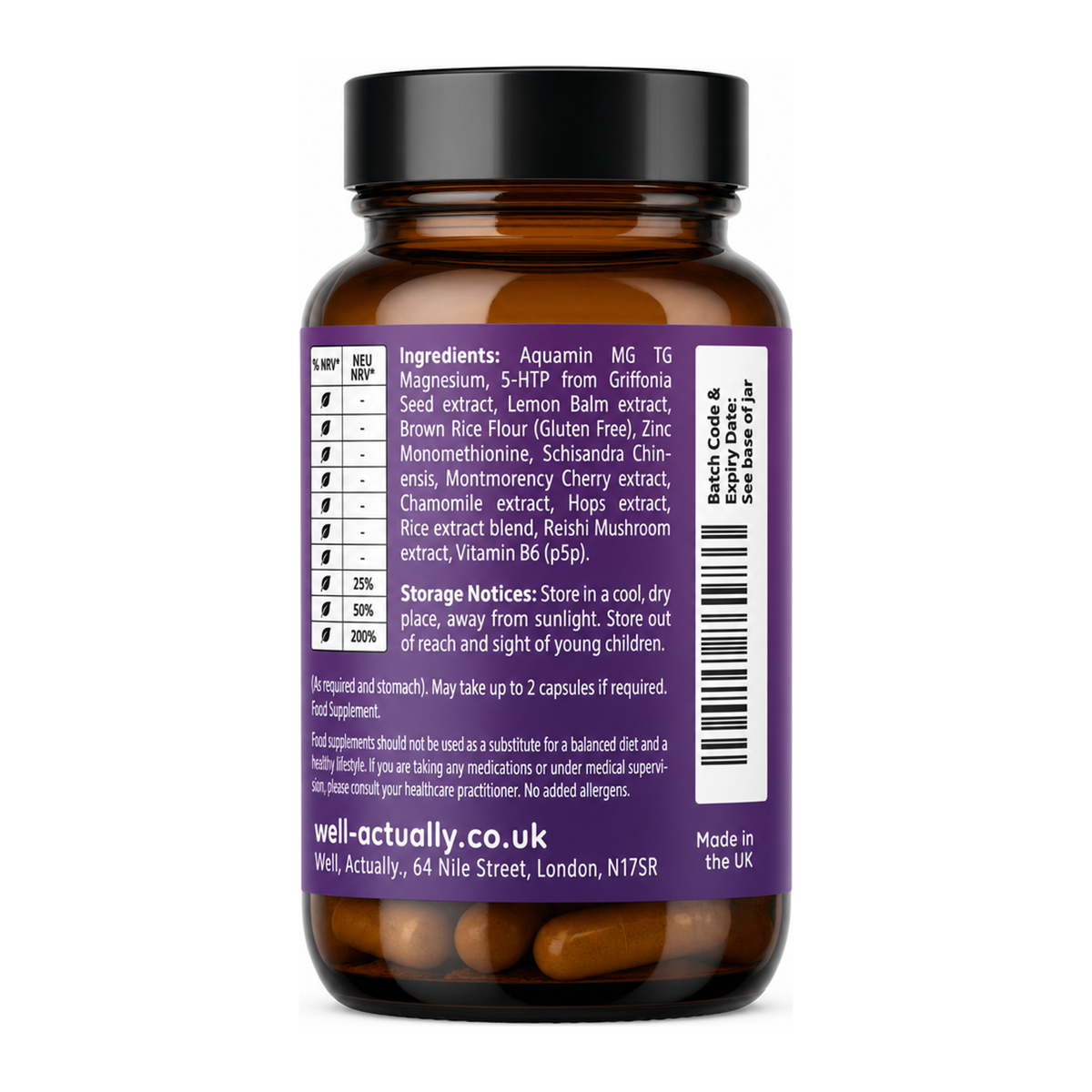 Well Actually Neuro Night 5-HTP+ (60 caps) by Well-Actually Natural Remedies — back view showing ingredients and product details, studio product photo on white background