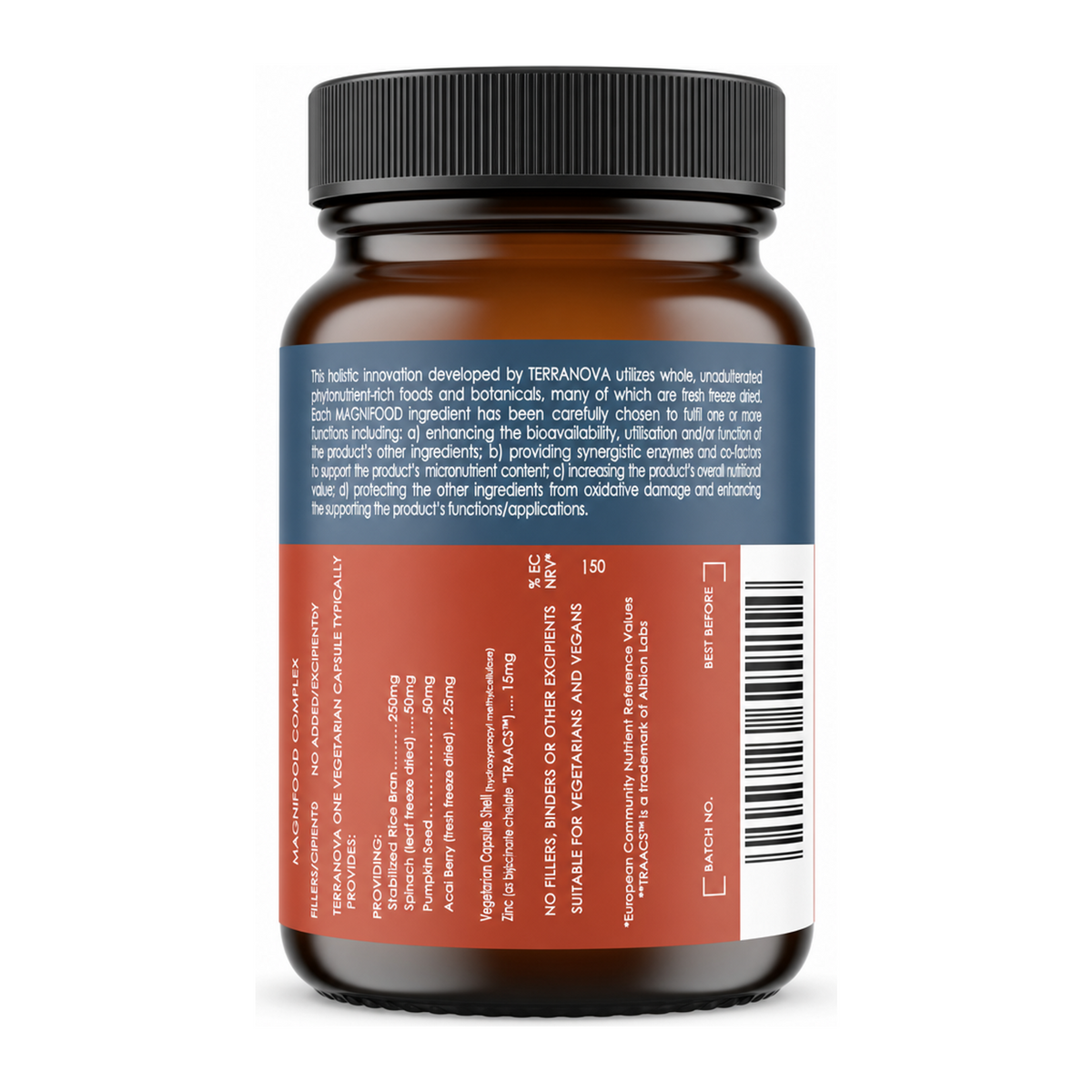 Terranova Zinc 15mg Complex by Terranova Natural Remedies — back view showing ingredients and product details, studio product photo on white background