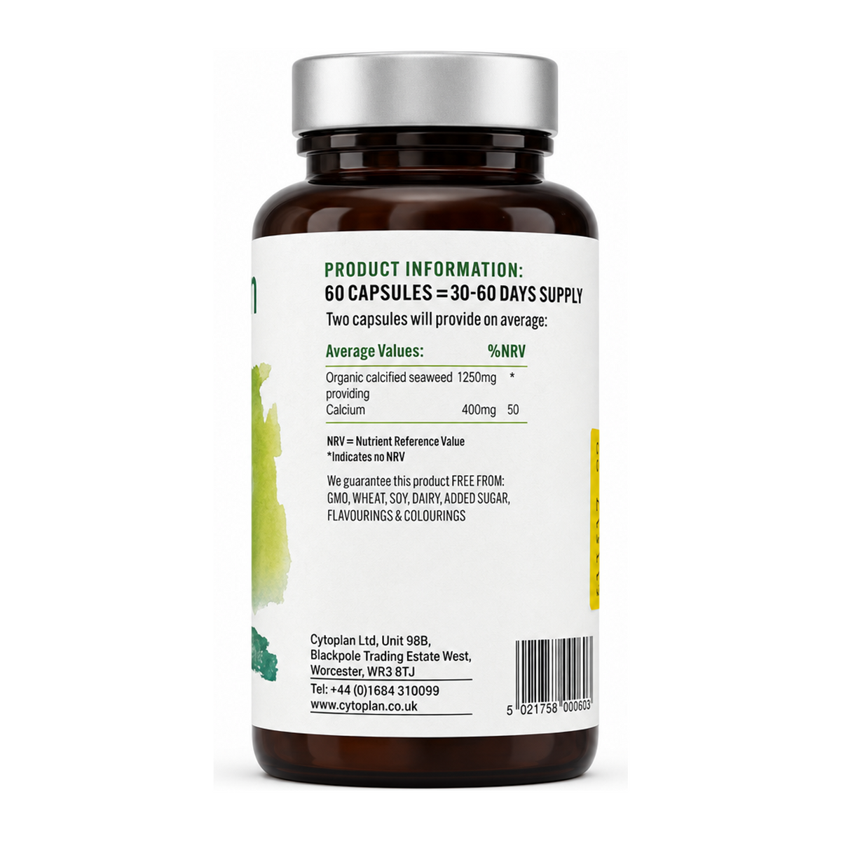 Natures Own Wholefood Calcium from Seaweed 200mg 60 vcaps by Nature's Own Natural Remedies — back view showing ingredients and product details, studio product photo on white background