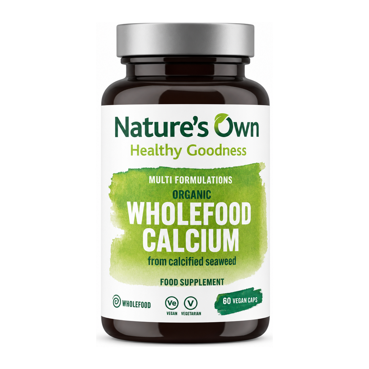Natures Own Wholefood Calcium from Seaweed 200mg 60 vcaps by Nature's Own Natural Remedies — front view showing product label and branding, studio product photo on white background