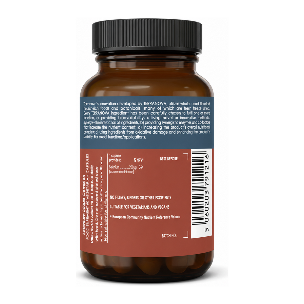 Terranova Selenium 200µg Complex by Terranova Natural Remedies — back view showing ingredients and product details, studio product photo on white background