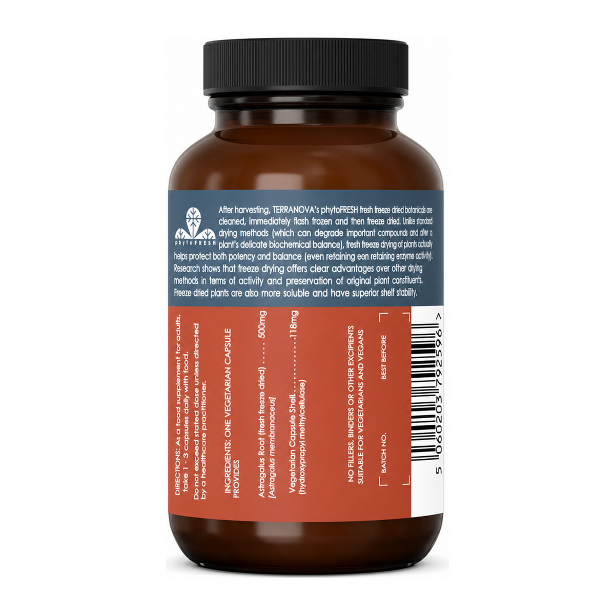 Terranova Astragalus 500mg by Terranova Natural Remedies — back view showing ingredients and product details, studio product photo on white background