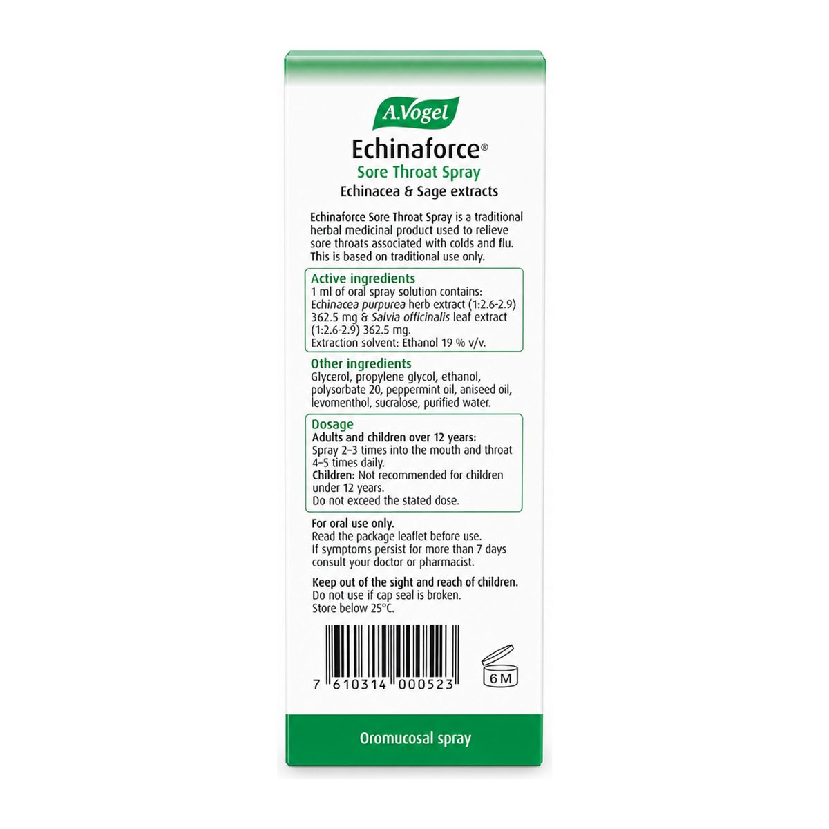 A.Vogel Echinaforce Sore Throat Spray by A.Vogel Natural Remedies — back view showing ingredients and product details, studio product photo on white background