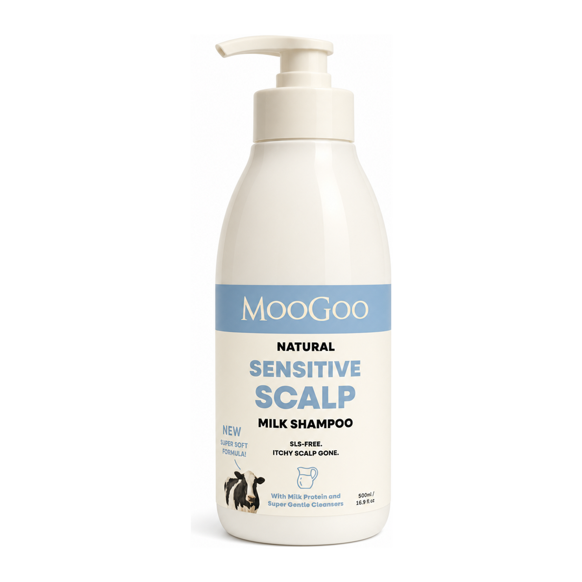 MooGoo Natural Sensitive Scalp Milk Shampoo by MooGoo Natural Beauty — front view showing product label and branding, studio product photo on white background