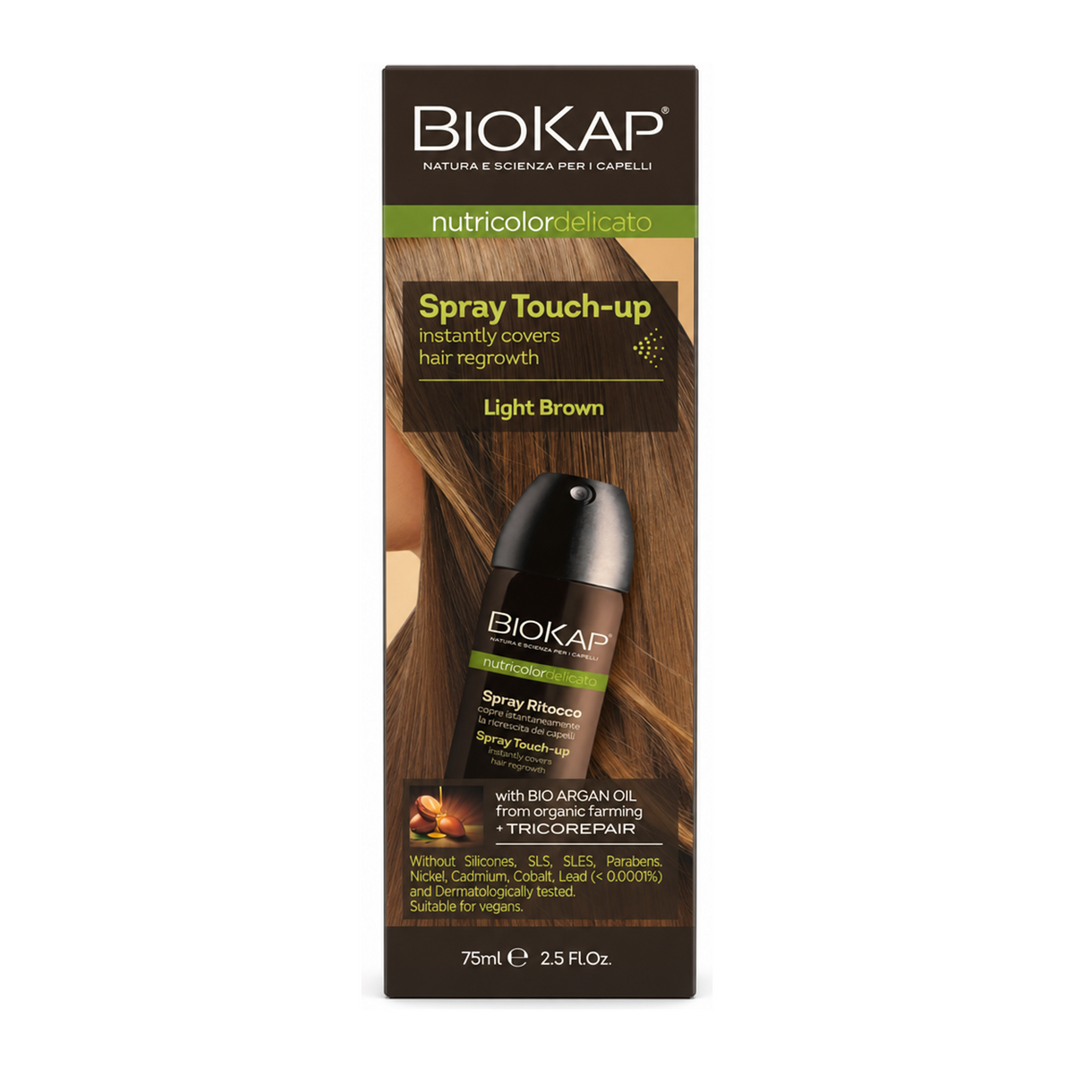 BioKap Light Brown Root Touch Up Spray by BioKap Natural Beauty — front view showing product label and branding, studio product photo on white background