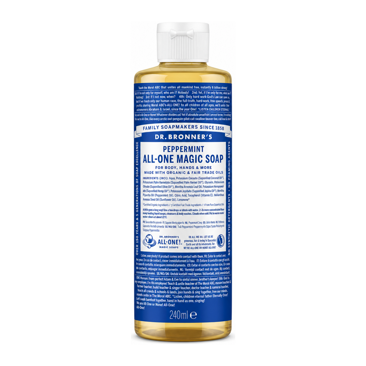 Dr. Bronner Organic Peppermint All-One Magic Soap by Dr. Bronner's Natural Beauty — front view showing product label and branding, studio product photo on white background