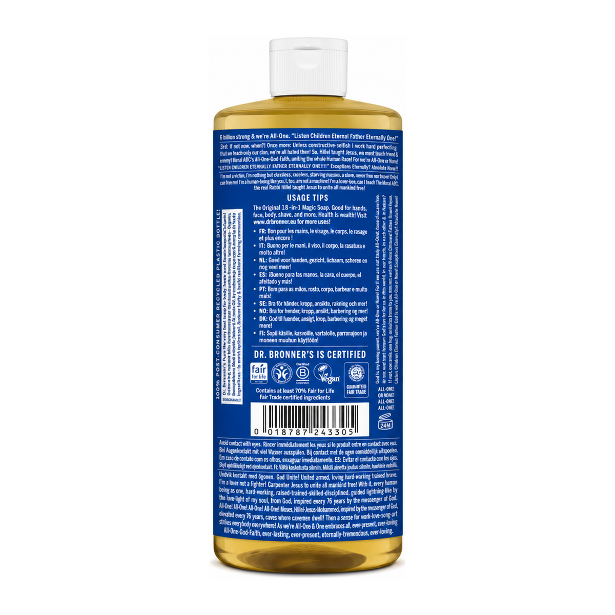 Dr. Bronner Organic Peppermint All-One Magic Soap by Dr. Bronner's Natural Beauty — back view showing ingredients and product details, studio product photo on white background