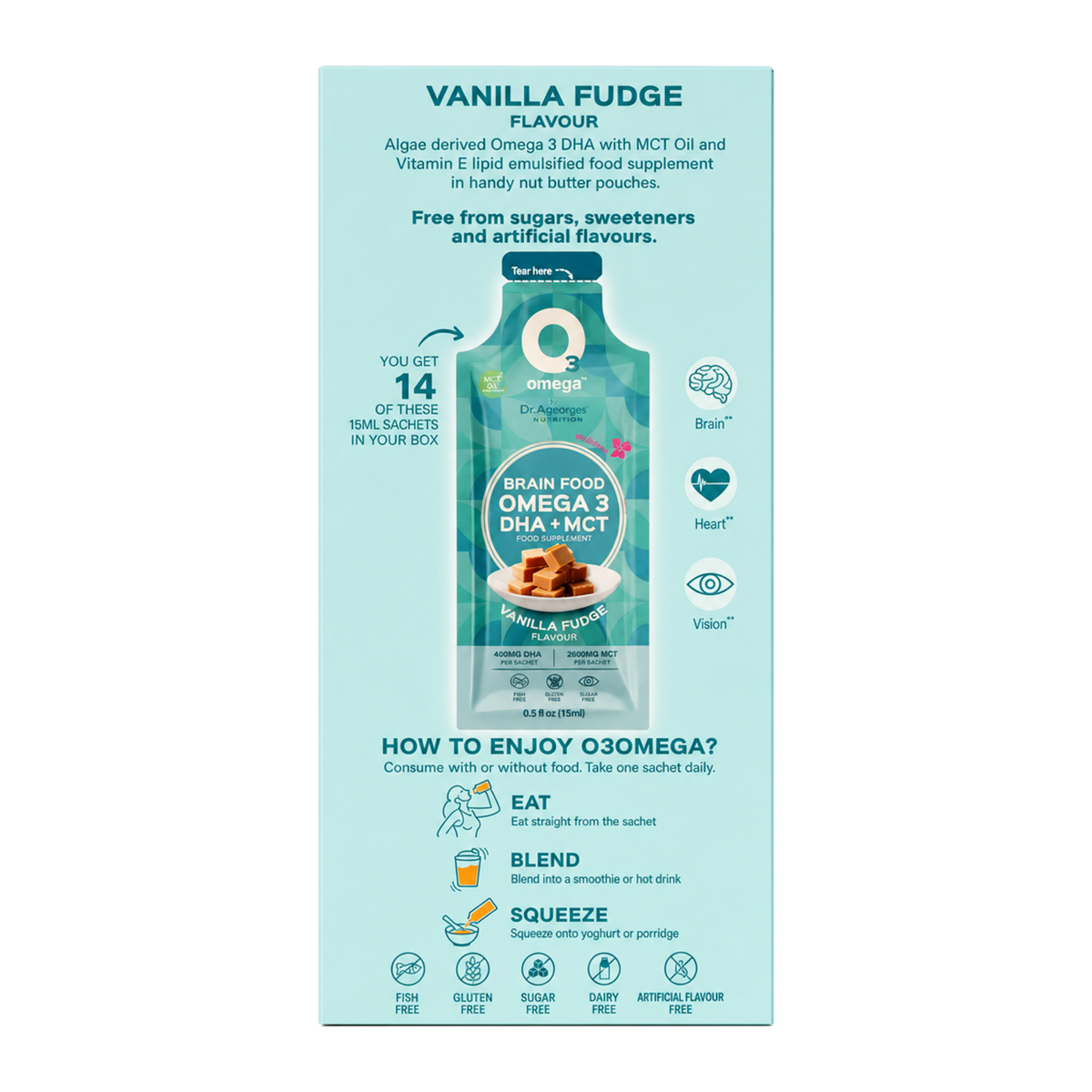 O3Omega Smoothies Brain Food Vanilla Fudge by O3omega Vitamin & Mineral Supplements — cooking instructions side panel, studio product photo on white background