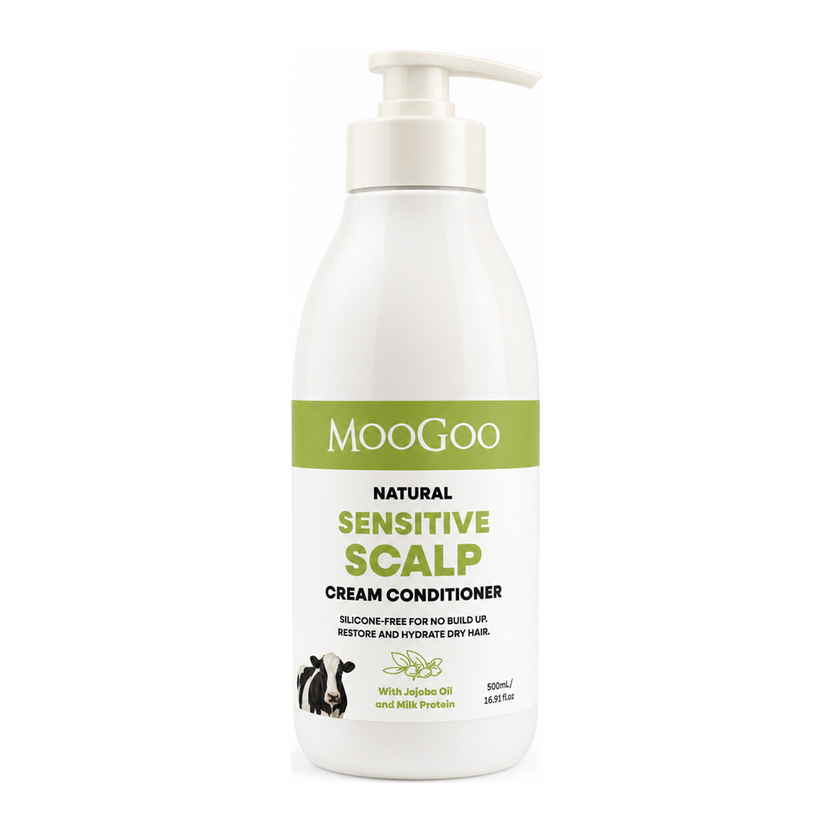 MooGoo Natural Sensitive Scalp Cream Conditioner by MooGoo Natural Beauty — front view showing product label and branding, studio product photo on white background