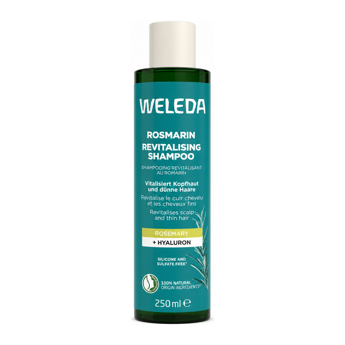 Weleda Revitalising Rosemary Shampoo by Weleda Natural Beauty — front view showing product label and branding, studio product photo on white background