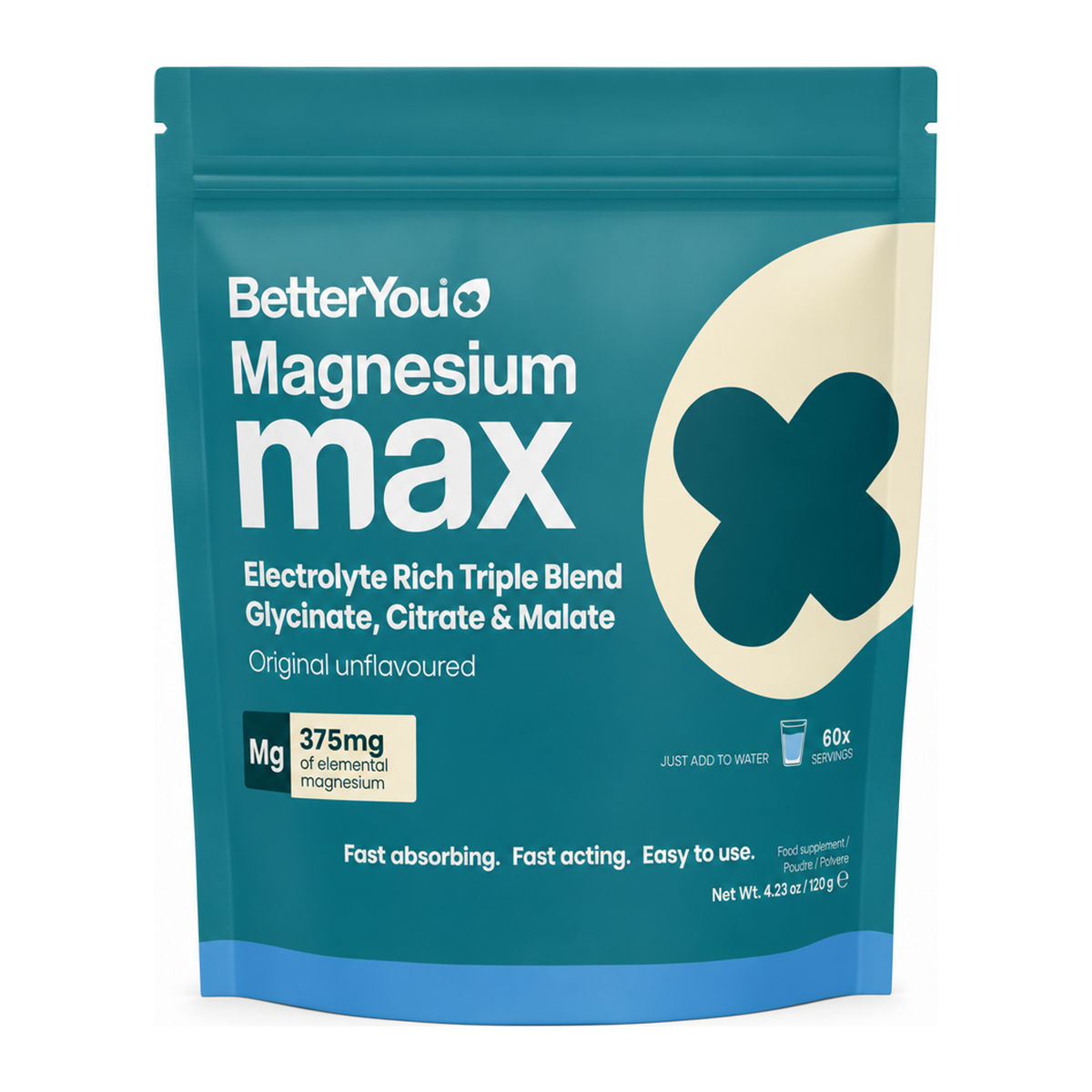 BetterYou Magnesium Max Original Powder 126g by BetterYou Vitamin & Mineral Supplements — front view showing product label and branding, studio product photo on white background