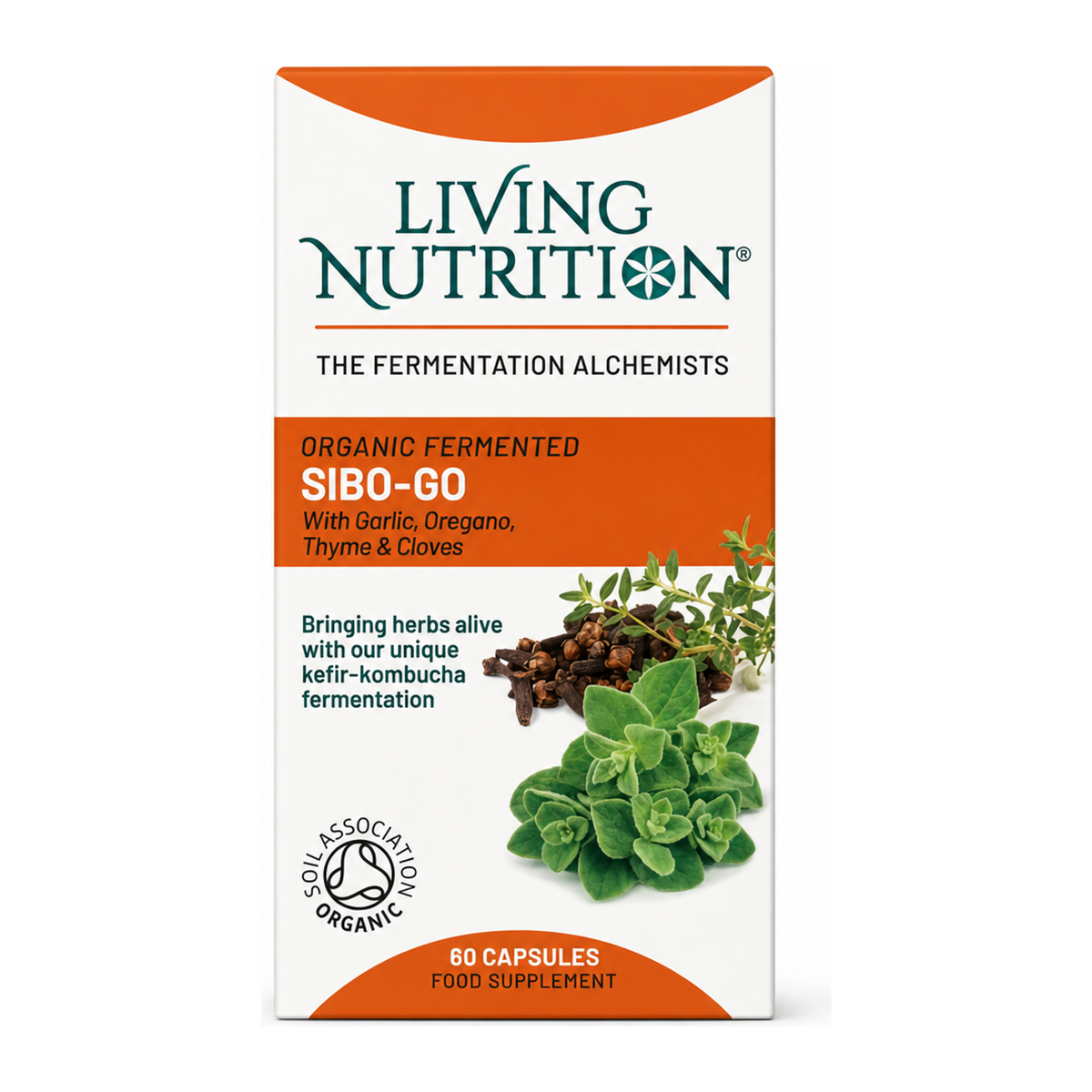 Living Nutrition Organic Fermented SIBO-Go 60 Capsules by Living Nutrition Natural Remedies — front view showing product label and branding, studio product photo on white background