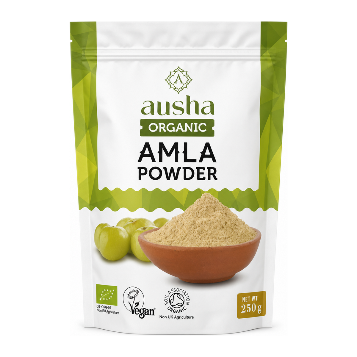 AUSHA Organic Amla Powder by Ausha Health Food — front view showing product label and branding, studio product photo on white background
