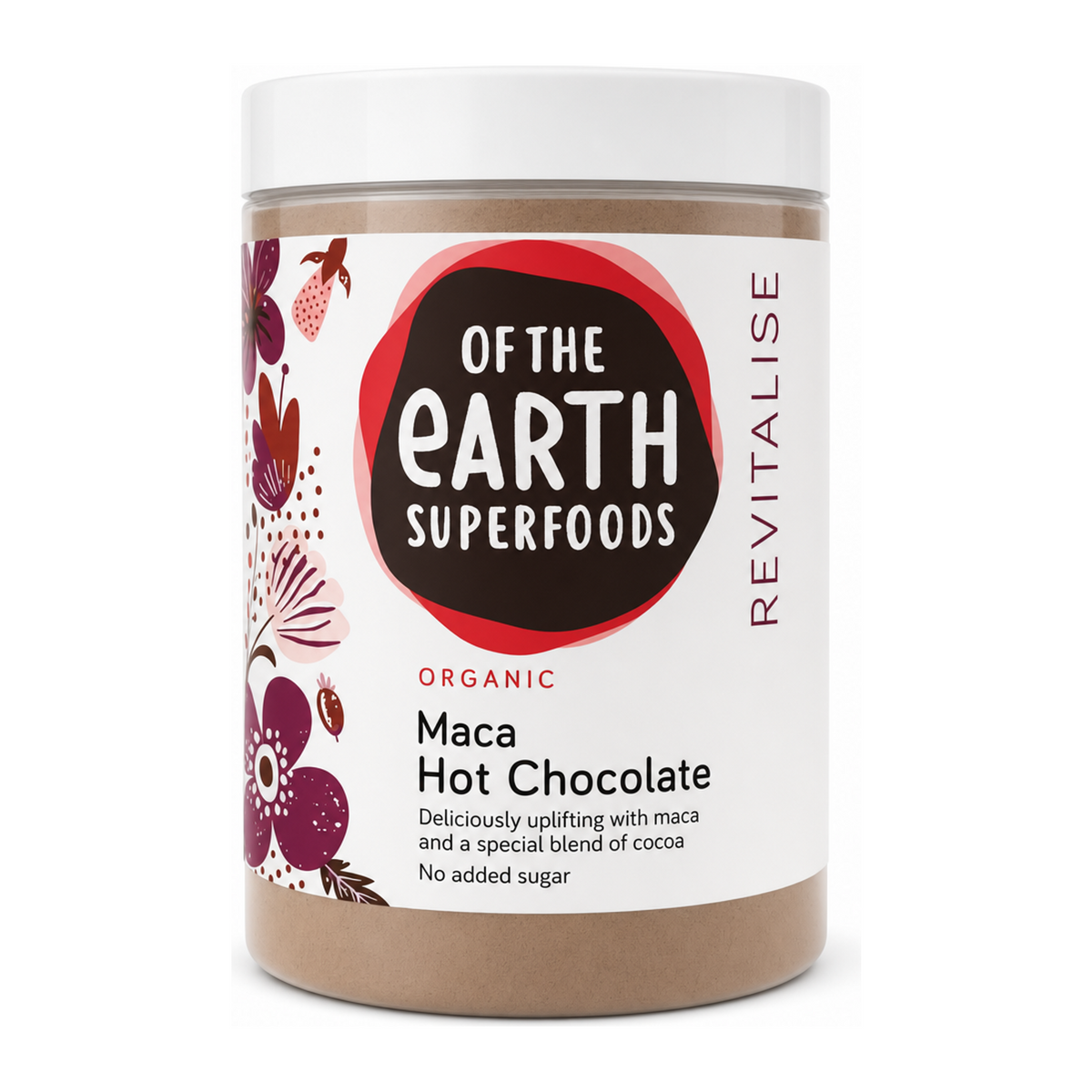 Of The Earth Organic Hot Chocolate with Maca by Of The Earth Superfoods Food & Drinks — front view showing product label and branding, studio product photo on white background