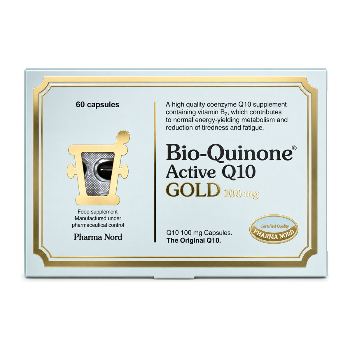 Bio-Quinone Q10 Gold 100mg Capsules by Pharma Nord Natural Remedies — front view showing product label and branding, studio product photo on white background