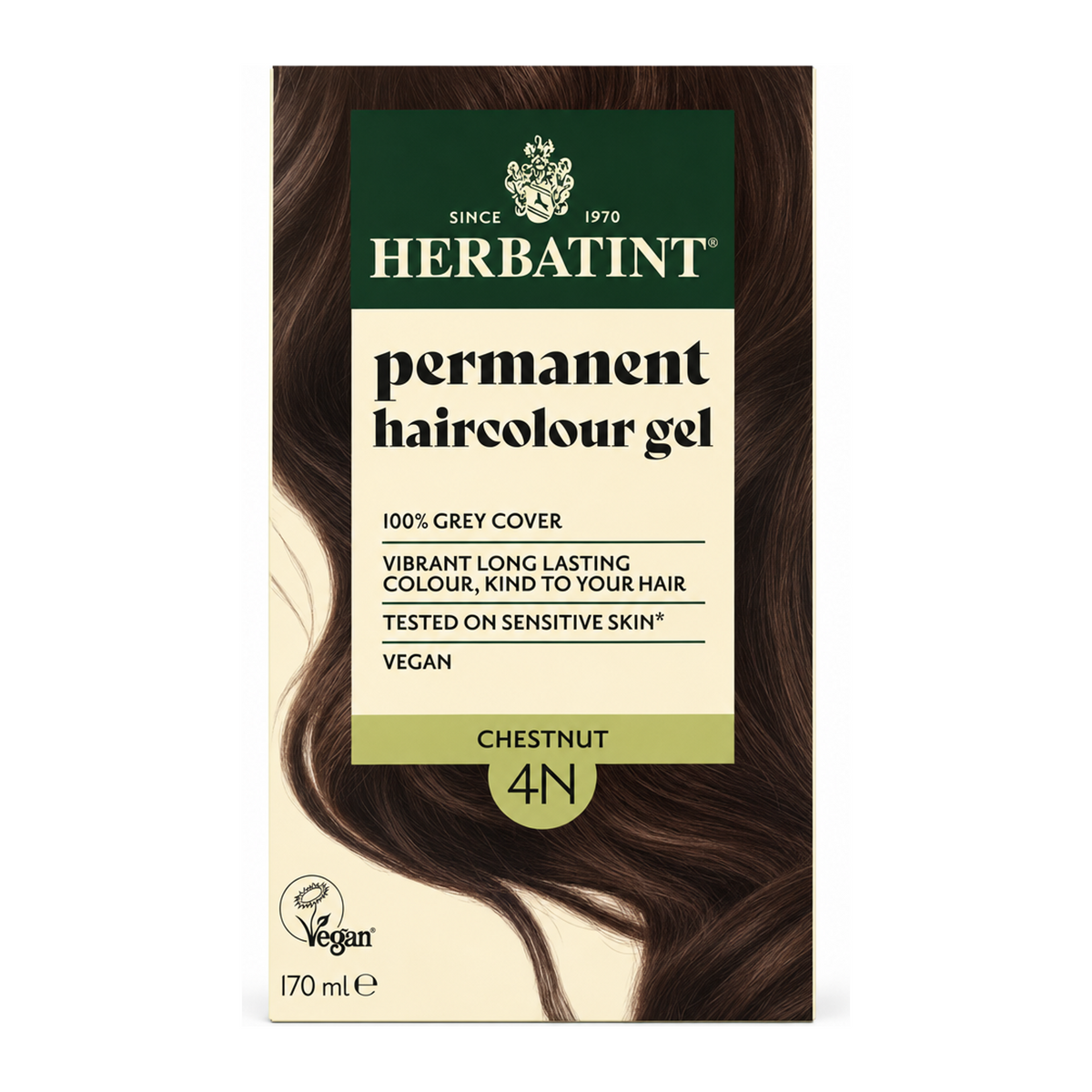 Herbatint Chestnut Ammonia Free hair Colour 4N by Herbatint Natural Beauty — front view showing product label and branding, studio product photo on white background