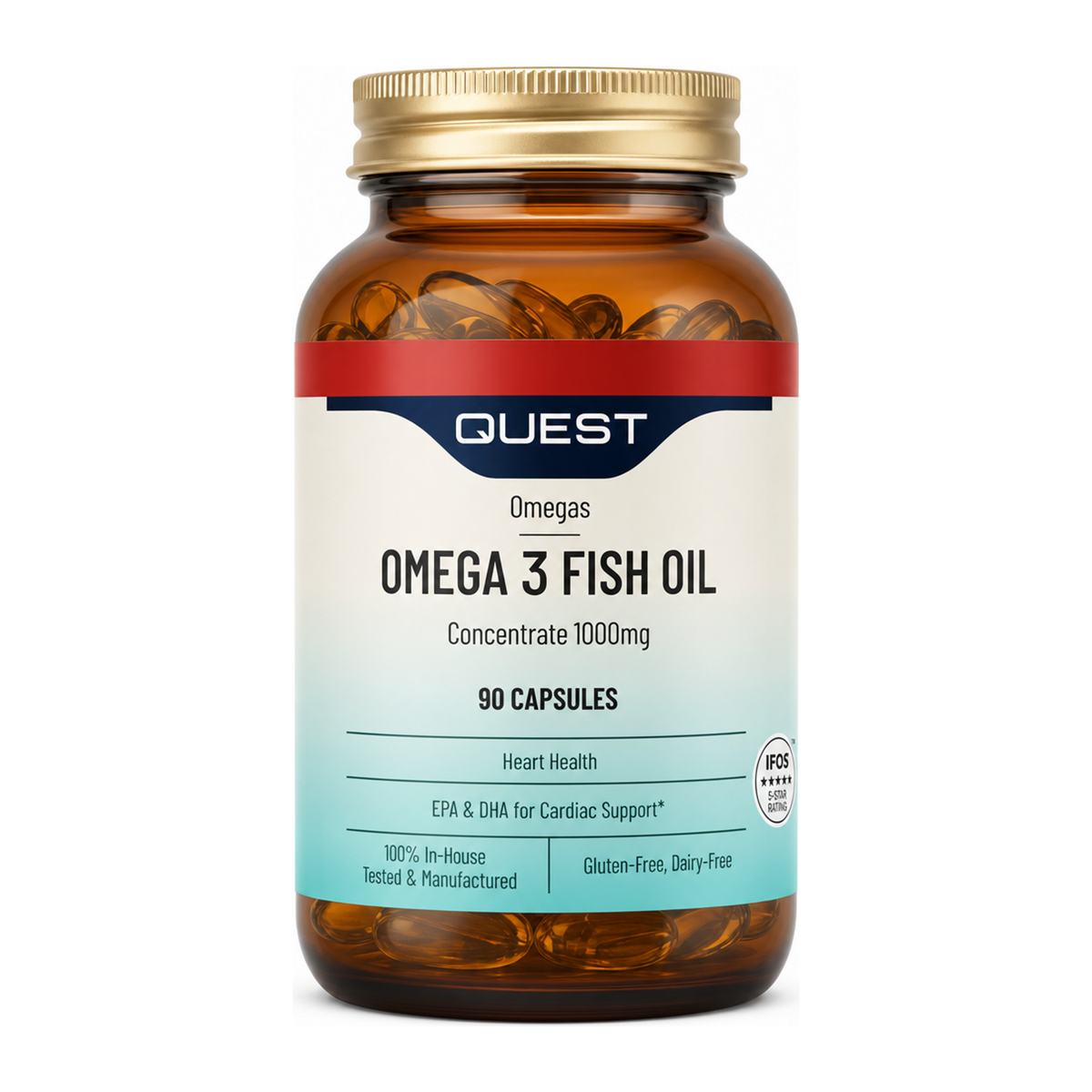 Quest Omega 3 Fish Oil 1000mg (100% Extra Free) by Quest Natural Remedies — front view showing product label and branding, studio product photo on white background