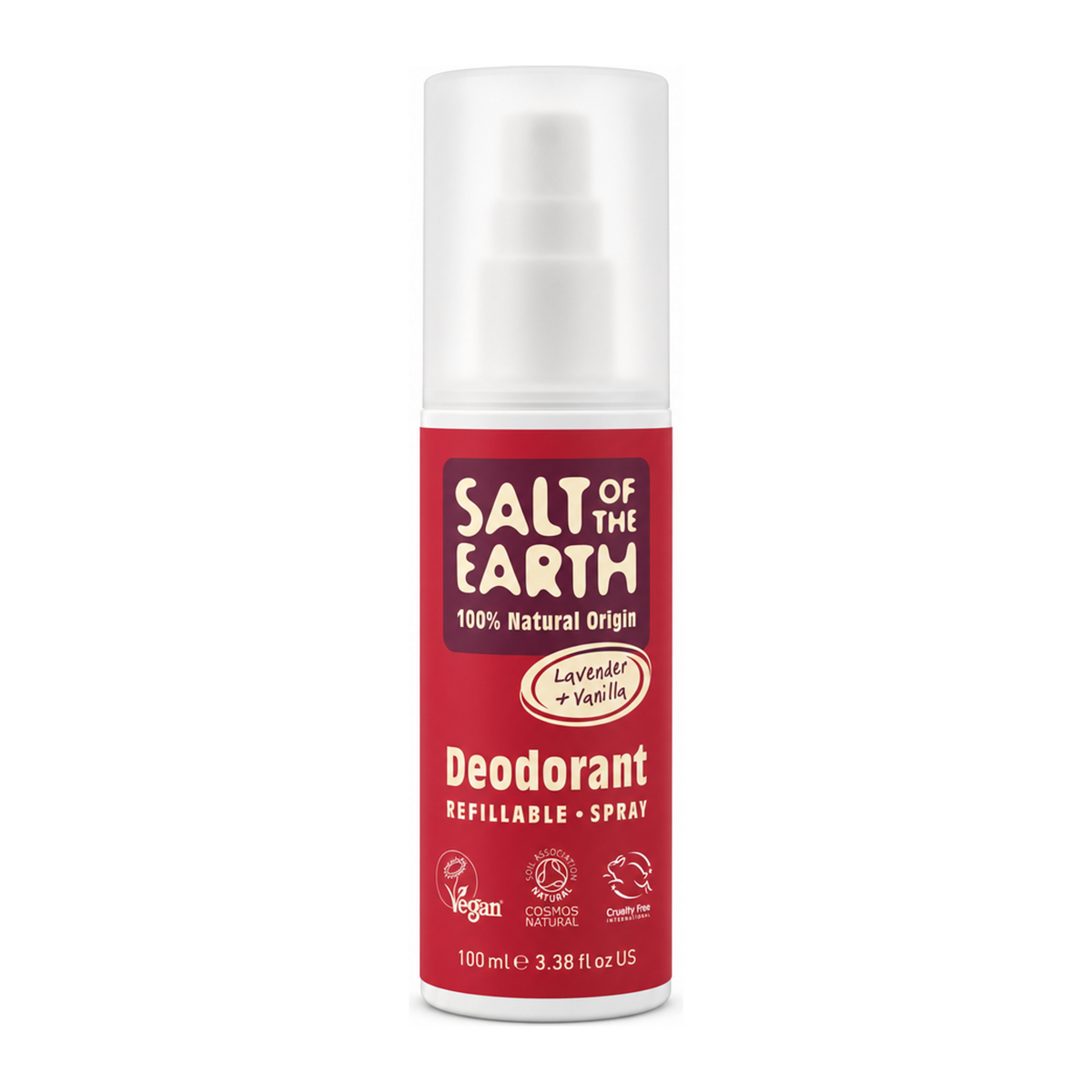 Salt Of the Earth Lavender & Vanilla Natural Deodorant Spray by Salt of the Earth Natural Beauty — front view showing product label and branding, studio product photo on white background