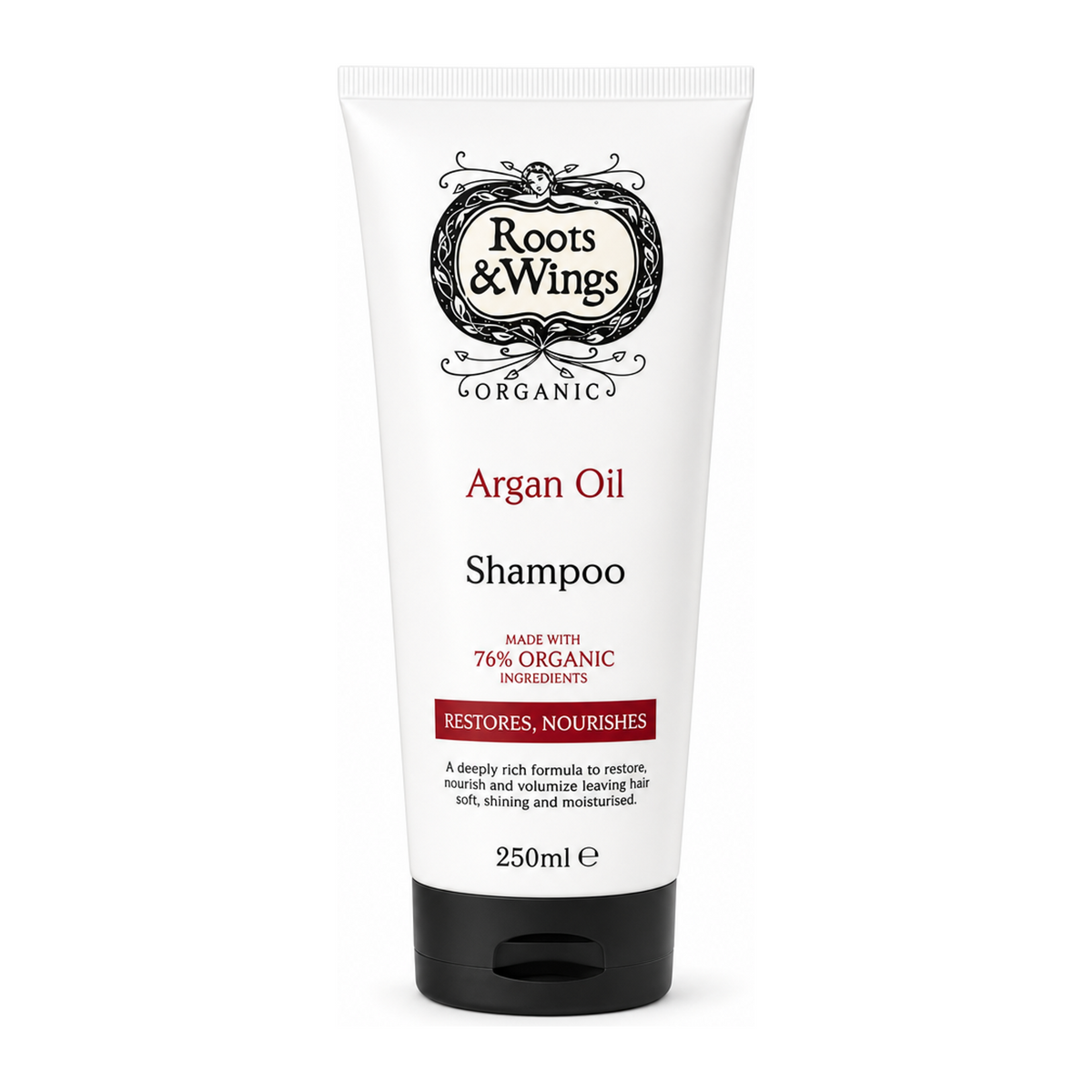 Roots and Wings Organic Argan Oil Shampoo by Roots & Wings Natural Beauty — front view showing product label and branding, studio product photo on white background