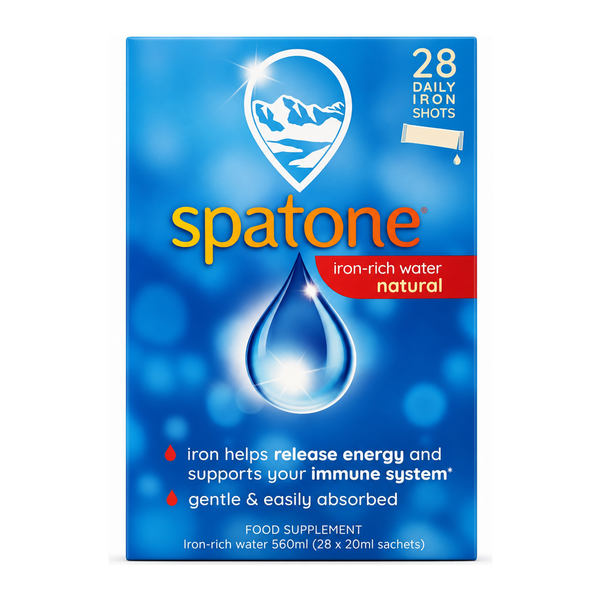Spatone 100% Natural Liquid Iron Supplement - 28 Sachets by Spatone Natural Remedies — front view showing product label and branding, studio product photo on white background