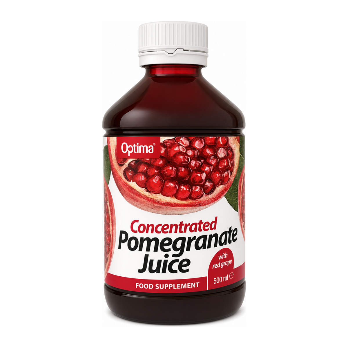 Aloe Pura Pomegranate Juice by Optima Food & Drinks — front view showing product label and branding, studio product photo on white background