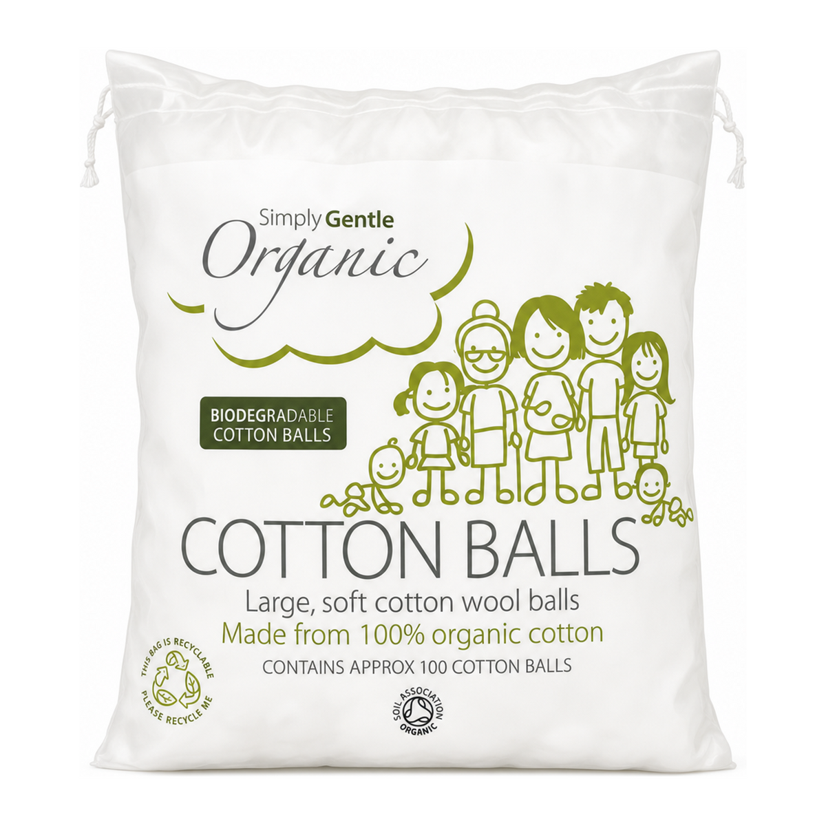 Simply Gentle Organic Cotton Balls 100 Balls by Simply Gentle Natural Beauty — front view showing product label and branding, studio product photo on white background
