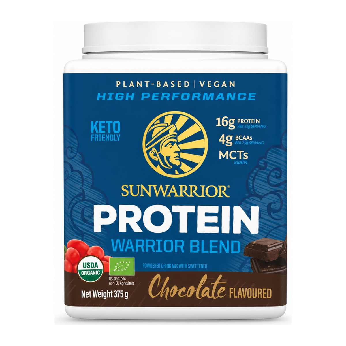 Sunwarrior Warrior Blend Chocolate by Sunwarrior Food & Drinks — front view showing product label and branding, studio product photo on white background