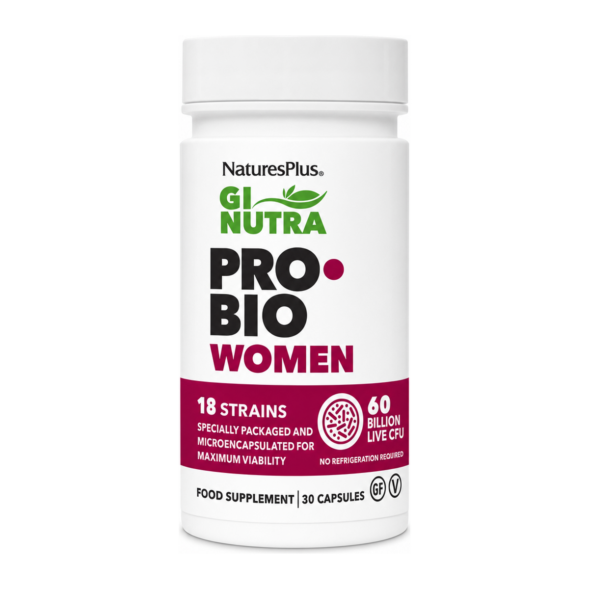 Natures Plus GI Nutra ProBio Women by NaturesPlus Natural Remedies — front view showing product label and branding, studio product photo on white background