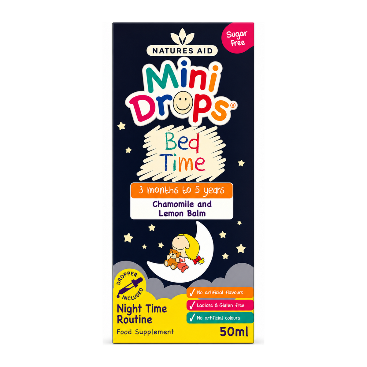 Natures Aid Mini Drops Bed Time by Natures Aid Natural Remedies — front view showing product label and branding, studio product photo on white background