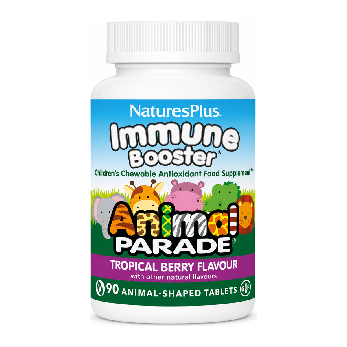 Natures Plus Animal Parade Kids Immune Booster by NaturesPlus Natural Remedies — front view showing product label and branding, studio product photo on white background