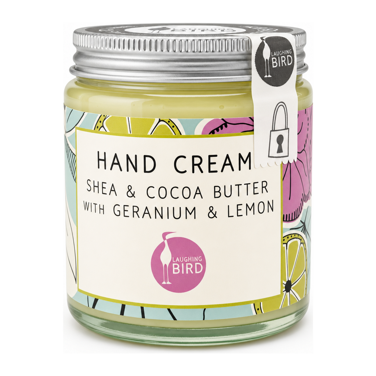 Laughing Bird Hand Cream Geranium & Lemon by Laughing Bird Natural Beauty — front view showing product label and branding, studio product photo on white background
