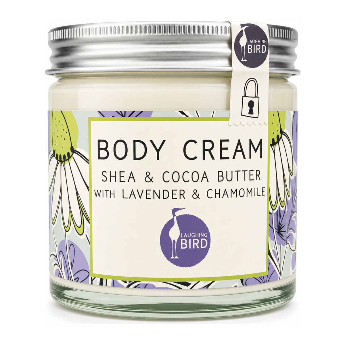 Laughing Bird Shea & Cocoa Butter Body Cream with Lavender & Chamomile by Laughing Bird Natural Beauty — front view showing product label and branding, studio product photo on white background