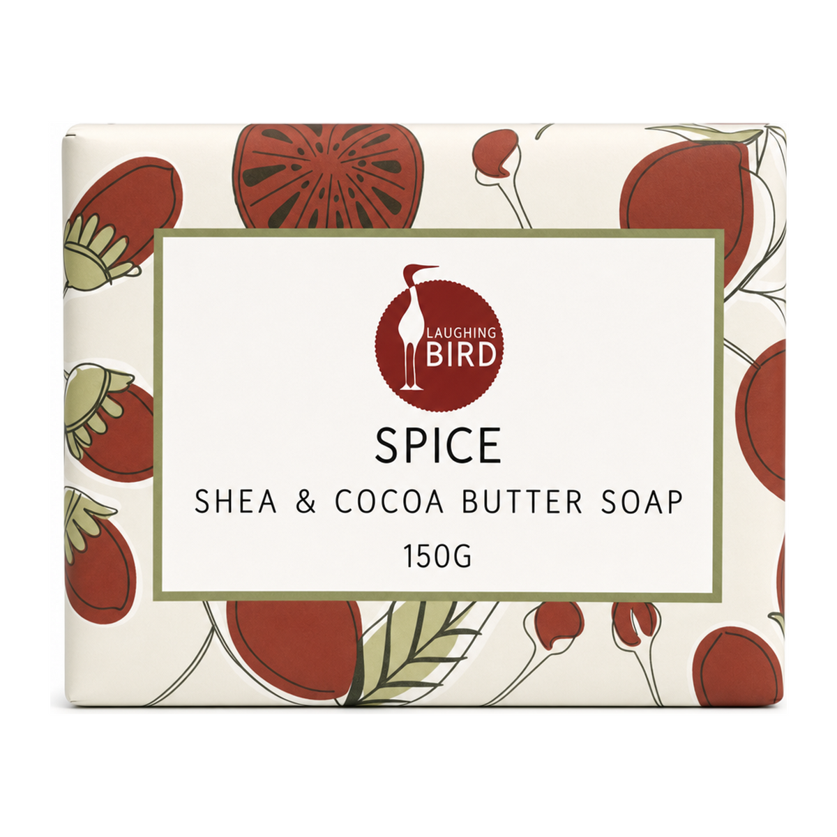 Laughing Bird Spice Soap with Shea and Cocoa Butter by Laughing Bird Natural Beauty — front view showing product label and branding, studio product photo on white background