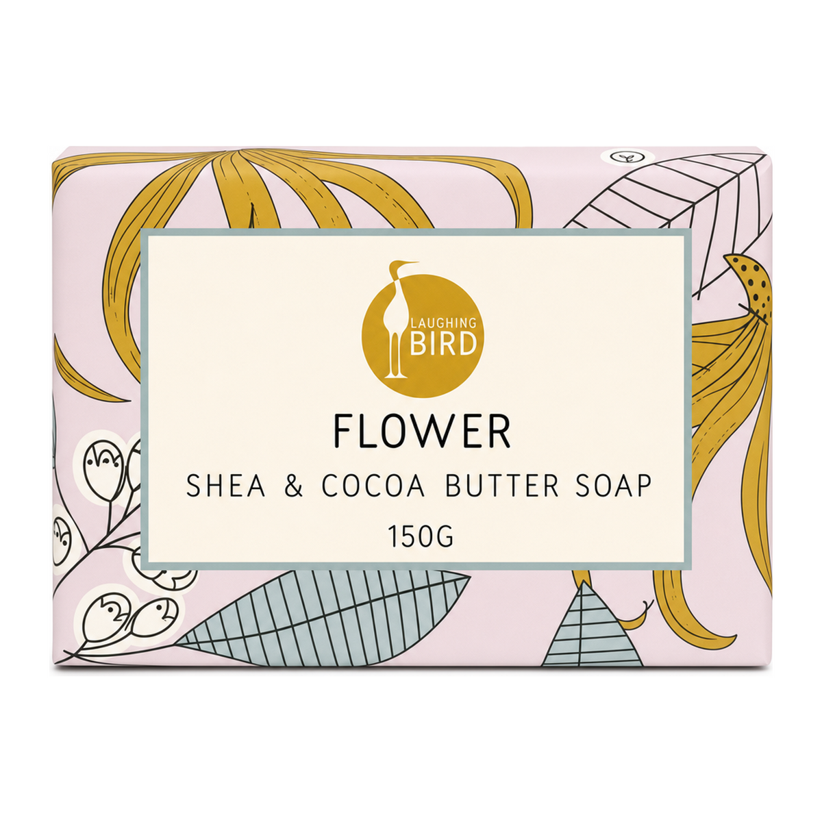 Laughing Bird Flower Soap with Shea and Cocoa Butter by Laughing Bird Natural Beauty — front view showing product label and branding, studio product photo on white background