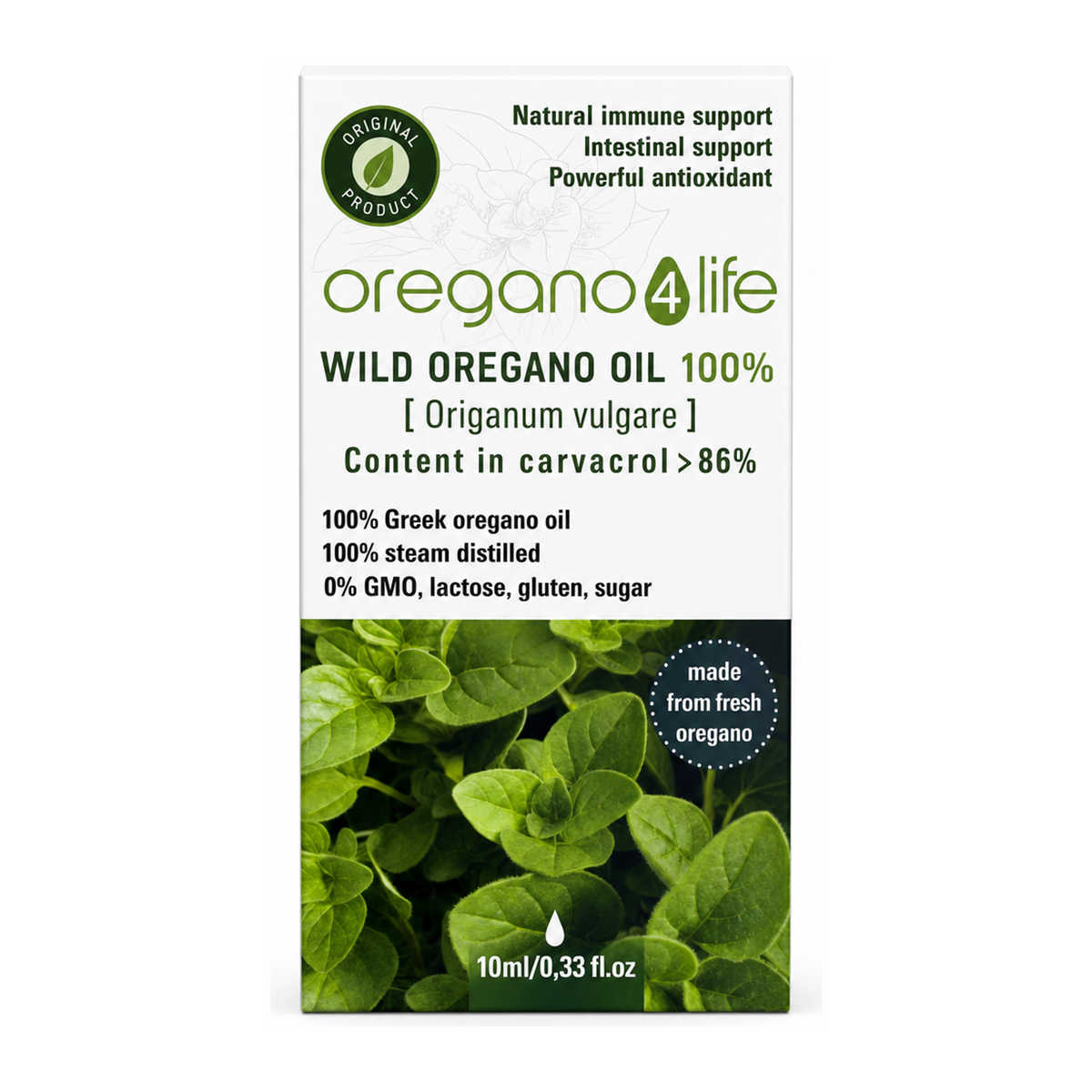 Oregano4life 100% Oregano Oil by Oregano4life Vitamin & Mineral Supplements — front view showing product label and branding, studio product photo on white background