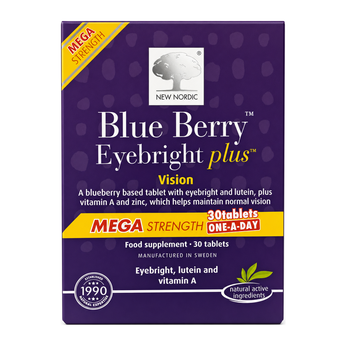 New Nordic Blueberry Mega OAD for vision & vitality 30 Tablets by New Nordic Natural Remedies — front view showing product label and branding, studio product photo on white background