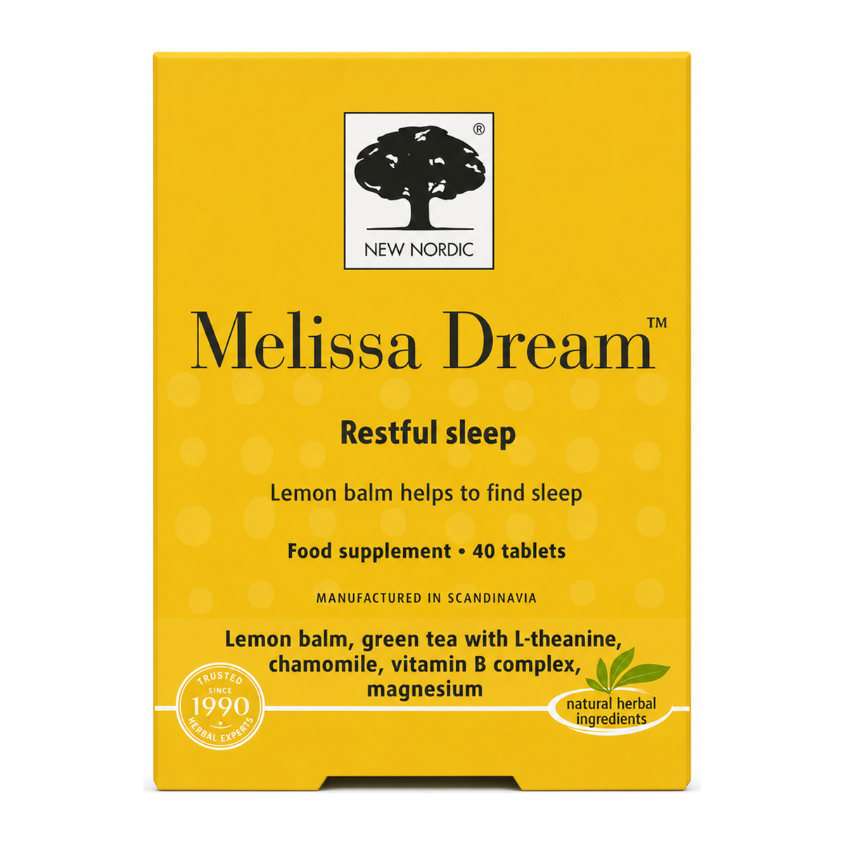 New Nordic Melissa Dream 20 tablets by New Nordic — front view showing product label and branding, studio product photo on white background