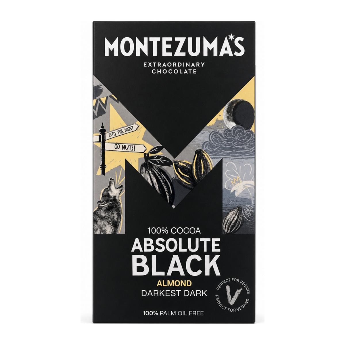 Montezumas Chocolate Absolute Black 100% Cocoa with Almonds by Montezuma's Food & Drinks — front view showing product label and branding, studio product photo on white background