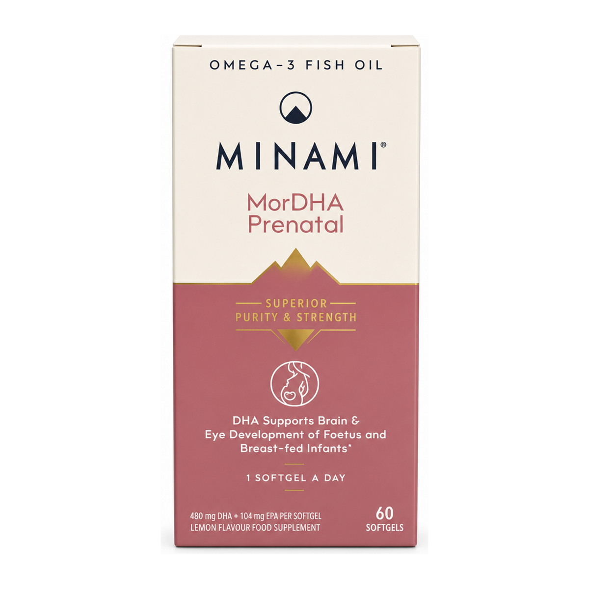 Minami Nutrition MorDHA Prenatal by Minami Natural Remedies — front view showing product label and branding, studio product photo on white background