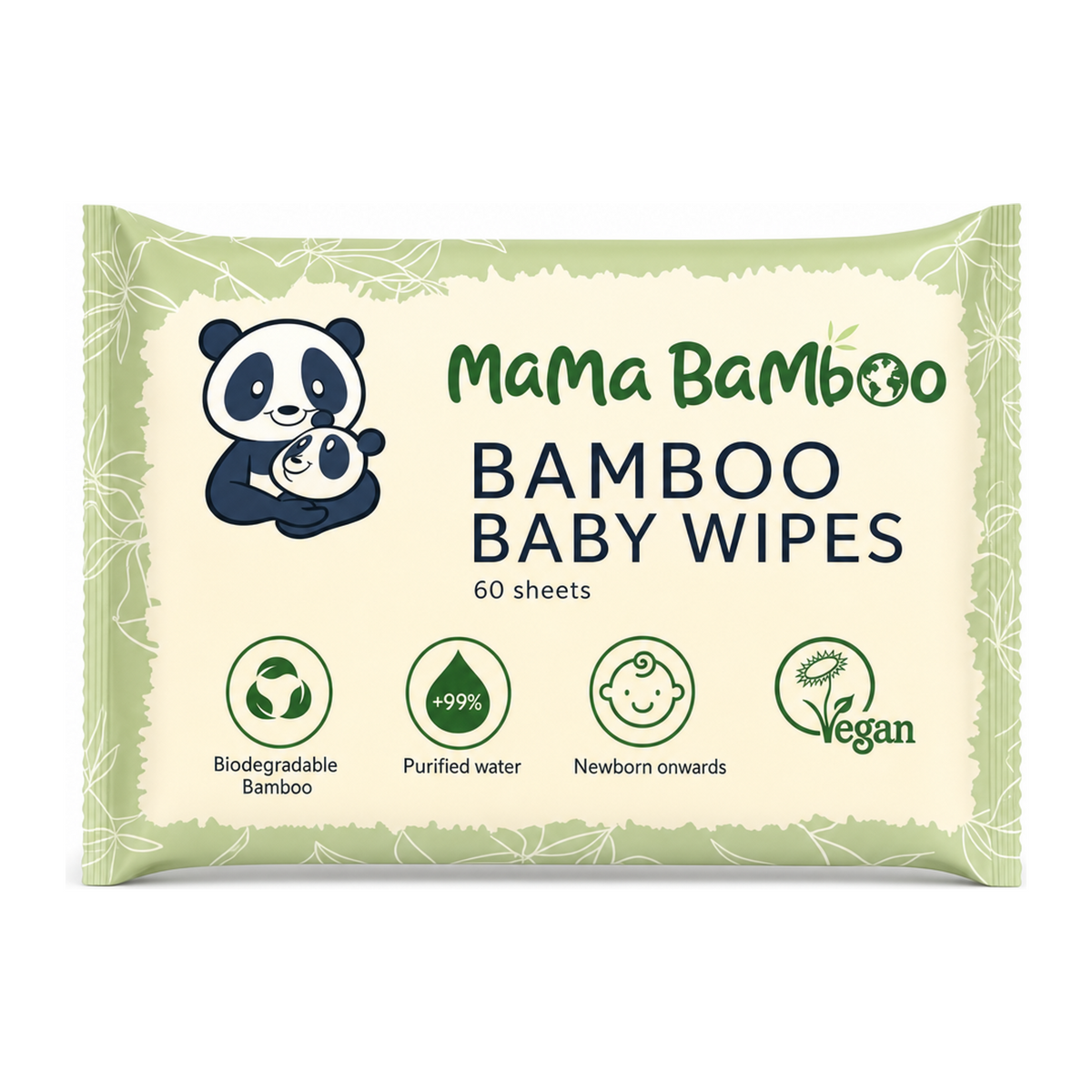 Mama Bamboo Eco Baby Wipes (60 wipes per pack) by Mama Bamboo Natural Beauty — front view showing product label and branding, studio product photo on white background