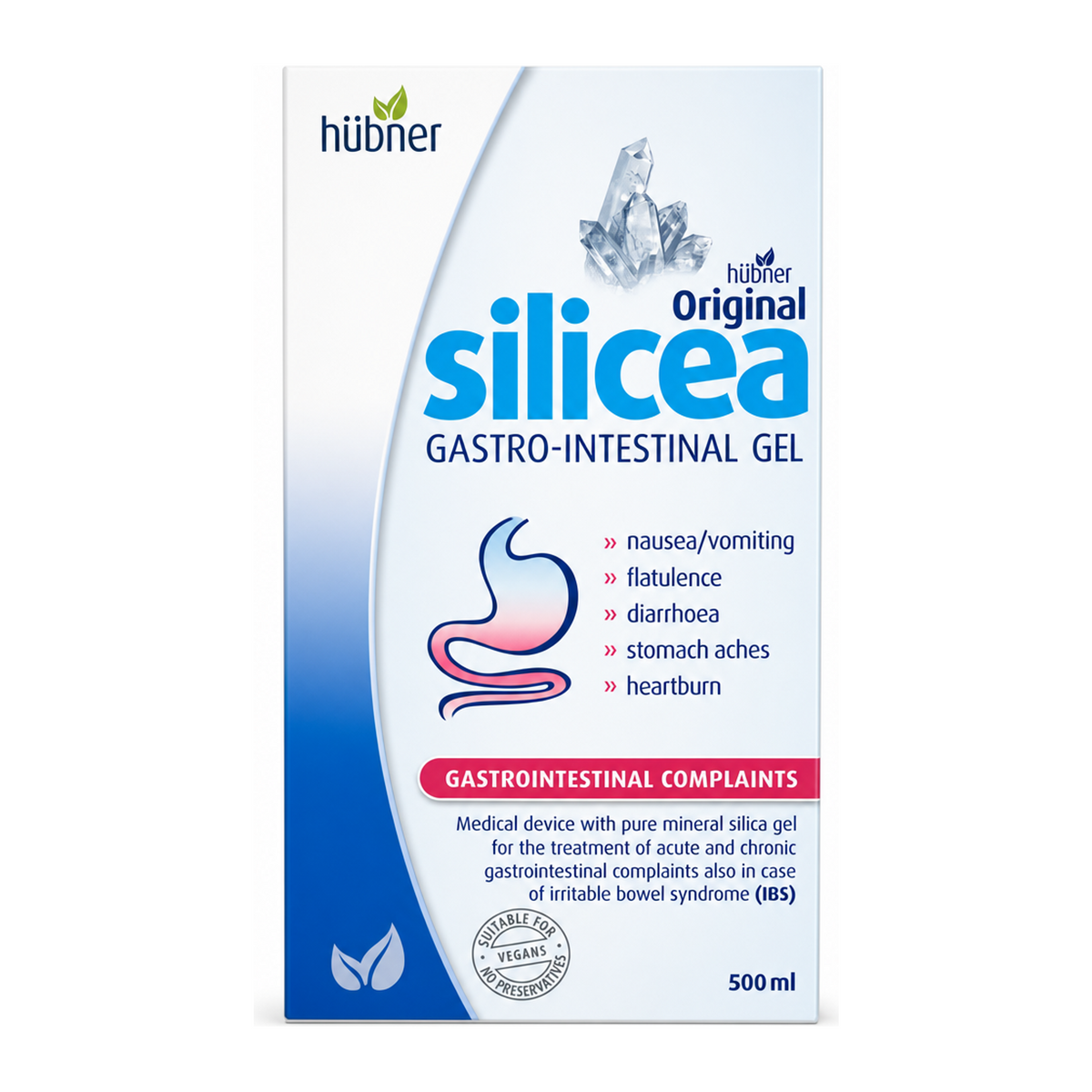 Hubner Silicea Gastro bottle by Hübner Natural Remedies — front view showing product label and branding, studio product photo on white background